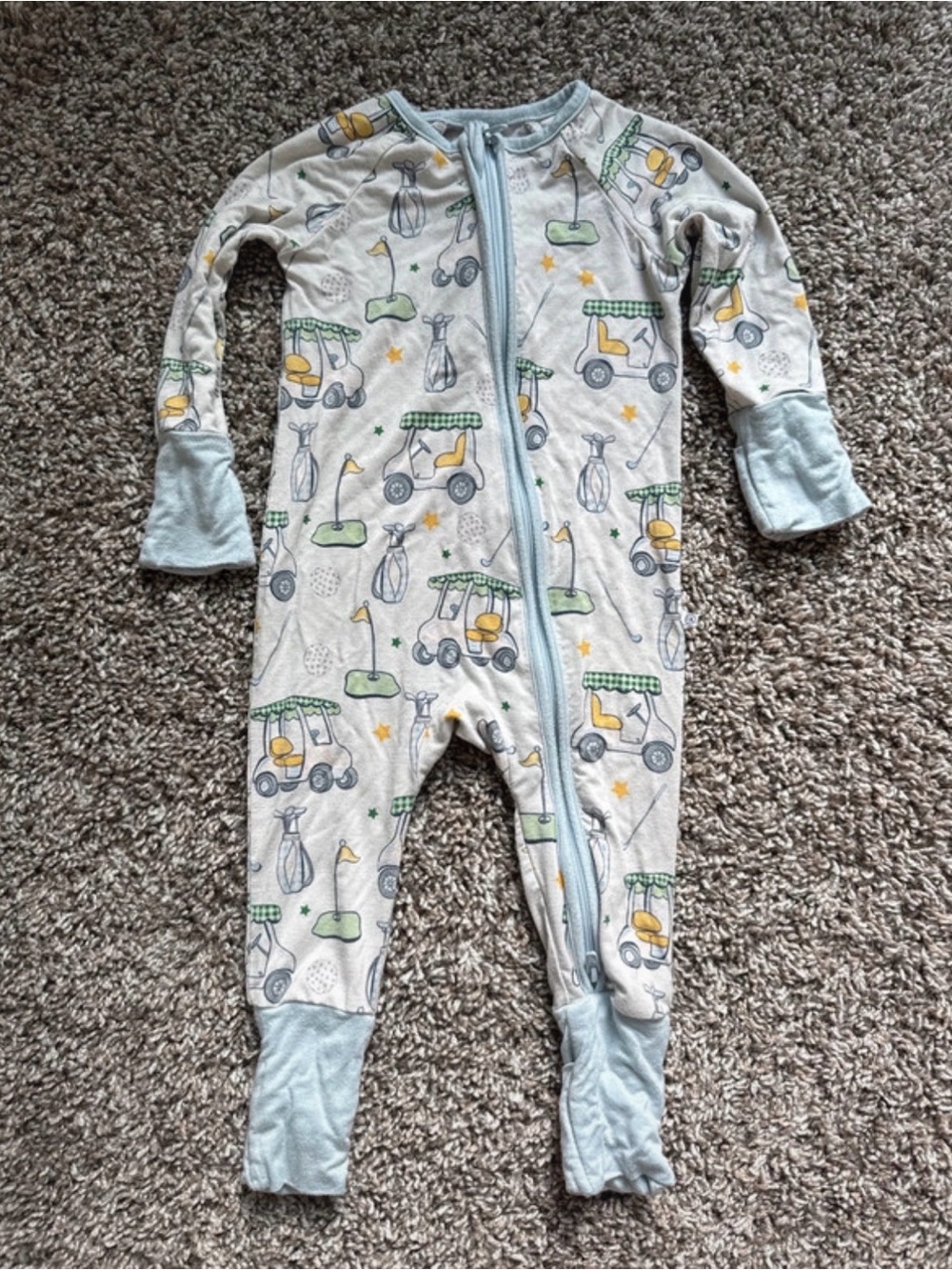 Caden Lane Light Blue & Cream Golf Cart Print Footed One-Piece